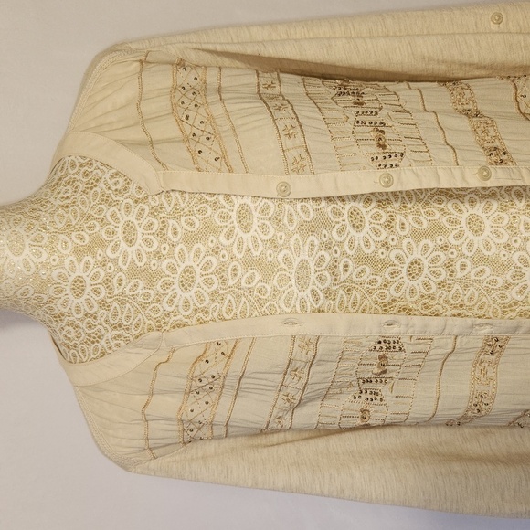 Style & Co Top Button Down Cream Beaded Long Roll Tab Sleeve Embroidered SZ M - Picture 2 of 12